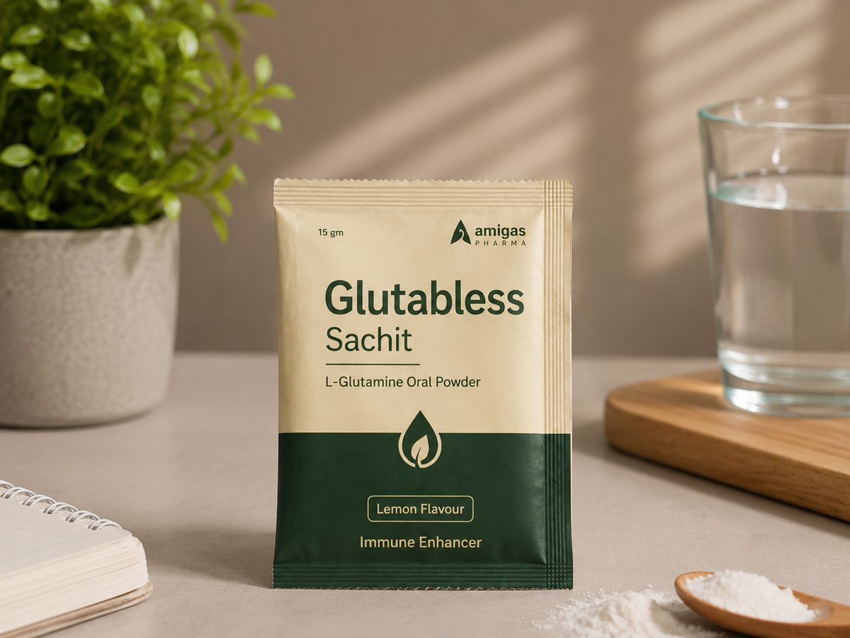 Glutabless Sachit L-Glutamine lemon flavour sachet by Amigas Pharma